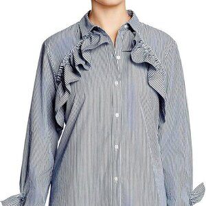Kenneth Cole Women's Ruffle Detail Poplin Shirt, Evening Stripe, S
